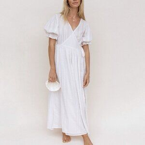 Daughters of India White Wrap Maxi Dress with Puff Sleeves